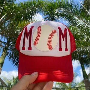 Red and White Baseball Mom Cap